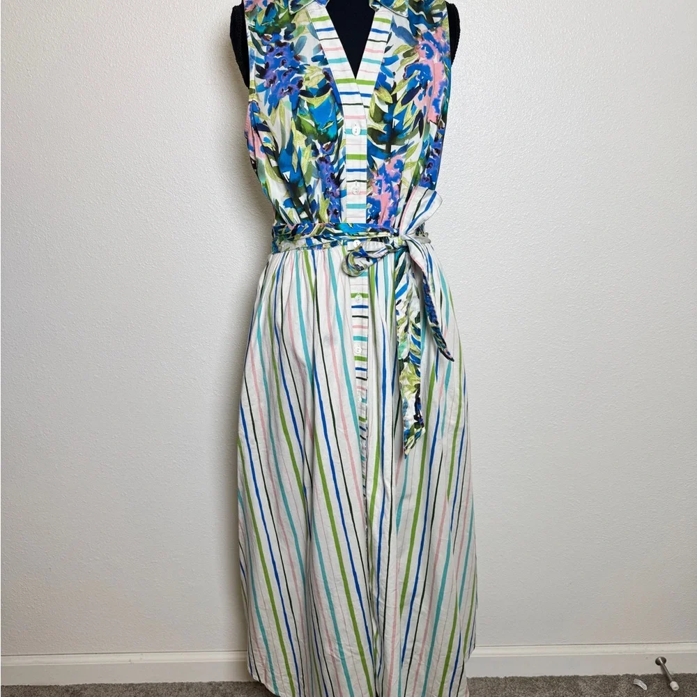 Badgley Mischka Floral Stripe Midi Dress 8 Tie Waist Sleeveless resort